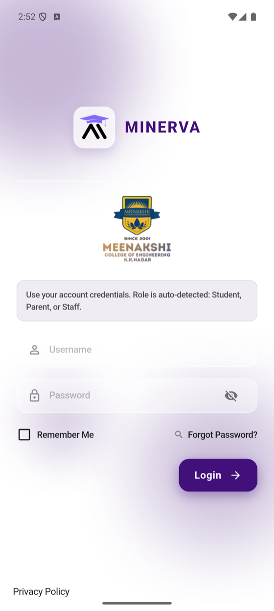 Minerva sign-in screen showing the institution logo