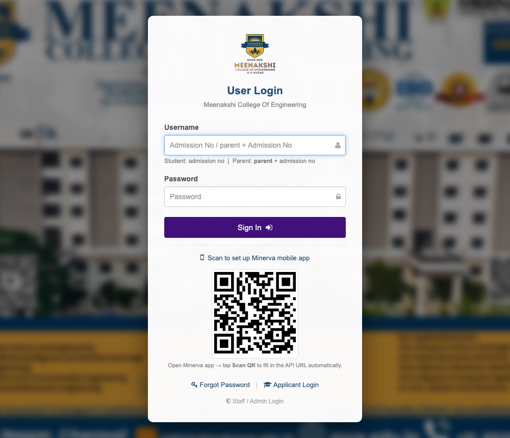 Parent portal login page showing the setup QR code