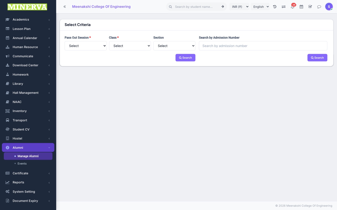 Manage Alumni screen