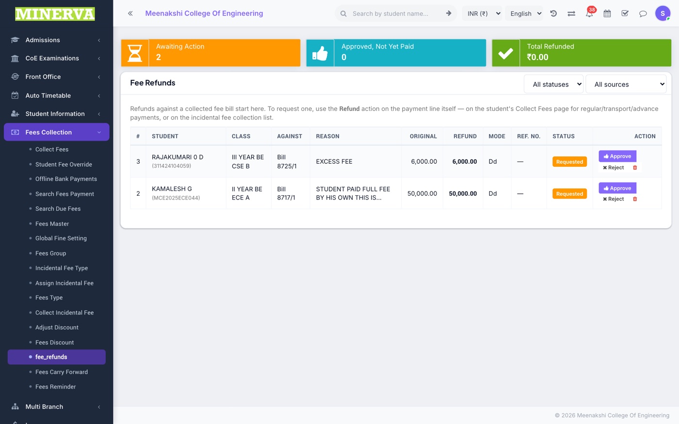 Fee Refunds screen