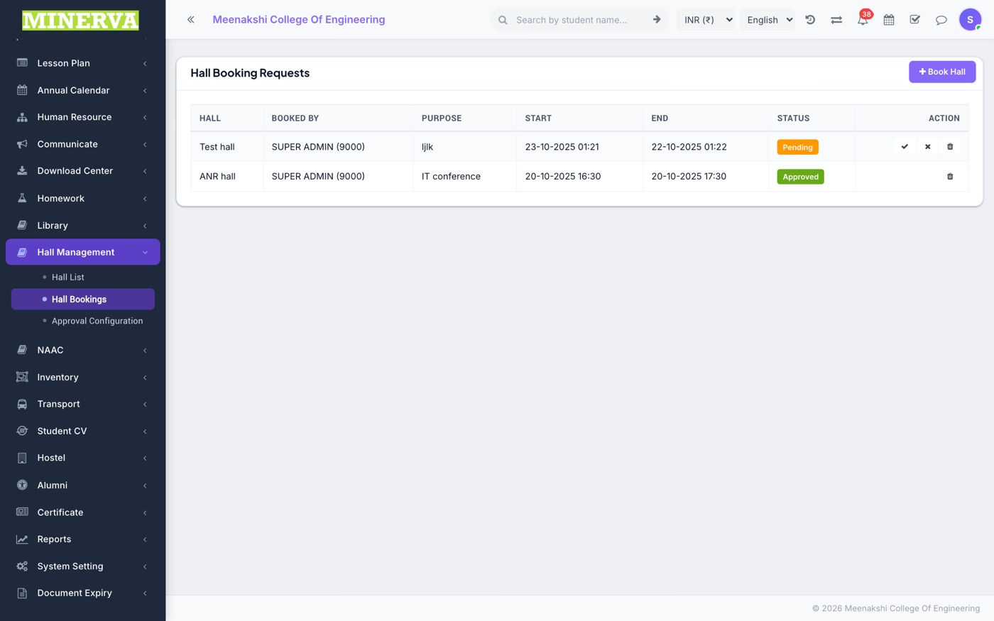 Hall Bookings & Approvals screen