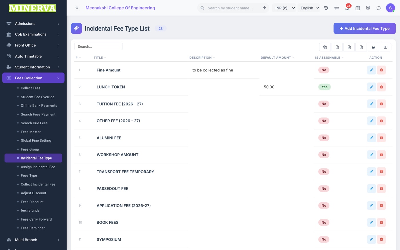 Incidental Fees screen