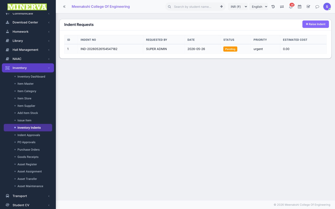 Indents & Approvals screen