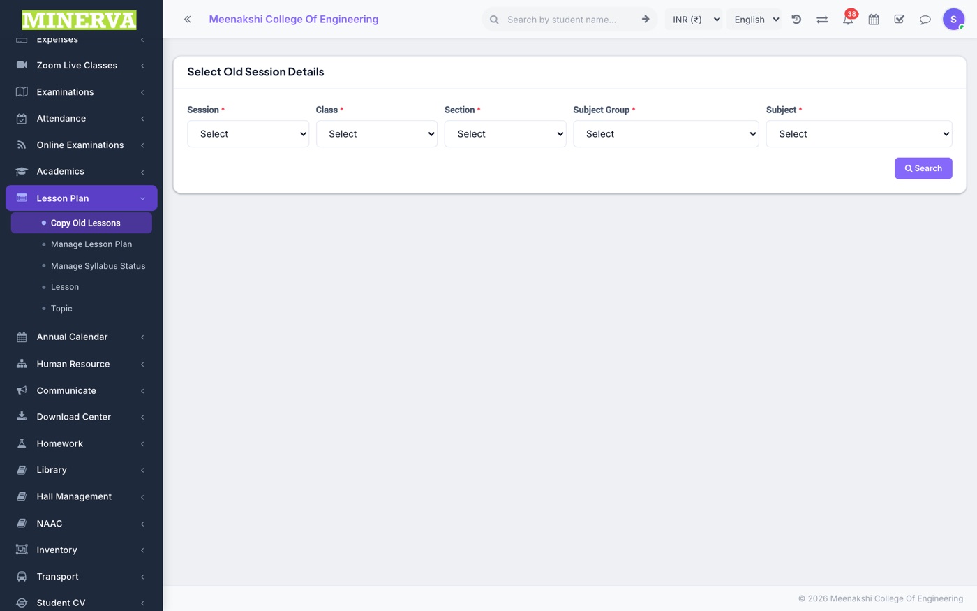 Copy Old Lessons screen