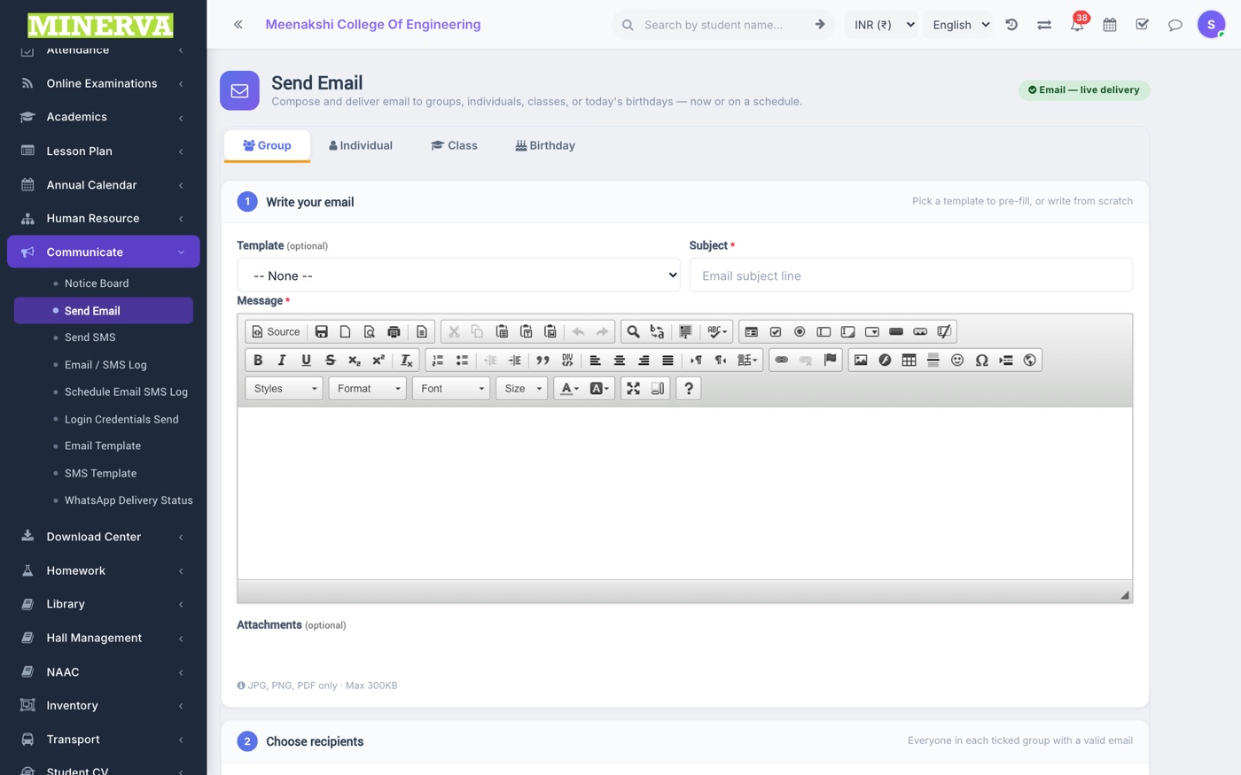 Send Email / SMS screen