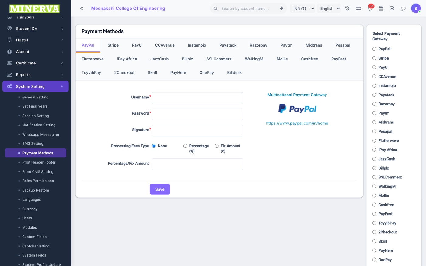 Payment Methods screen