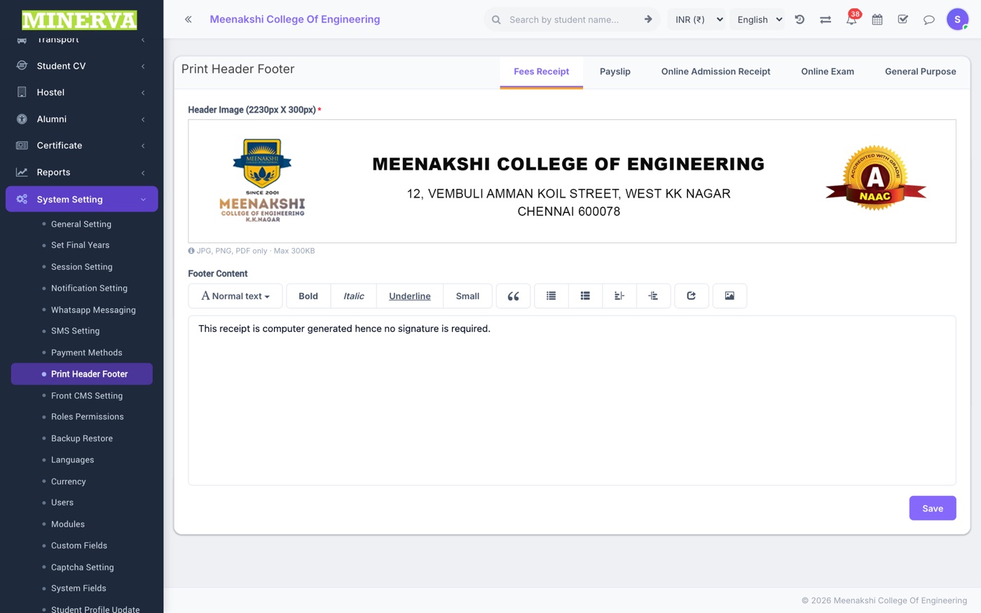 Print Header / Footer screen
