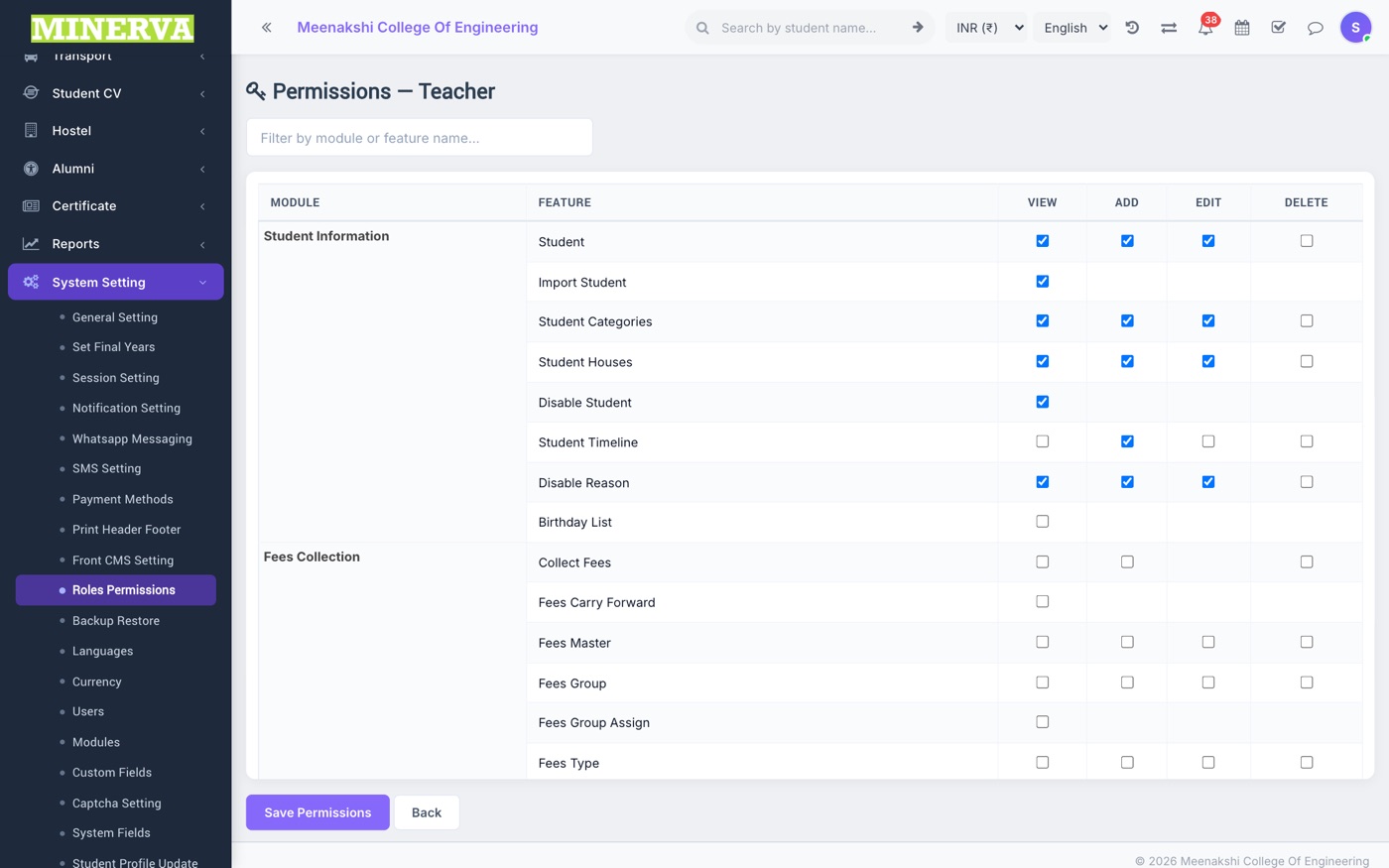The permission matrix for a role — every feature with View / Add / Edit / Delete checkboxes.