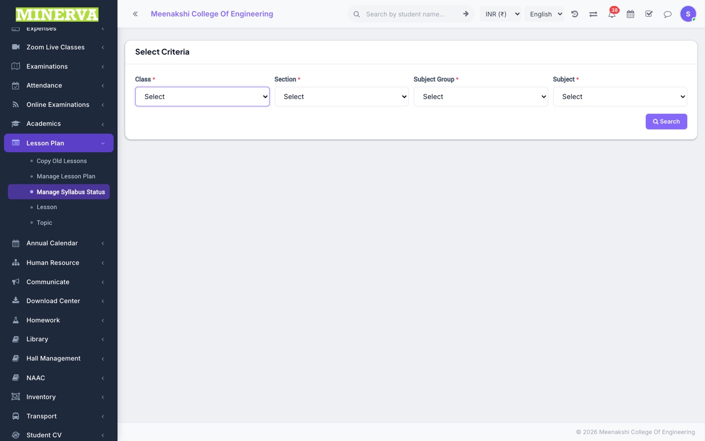 Manage Syllabus Status screen
