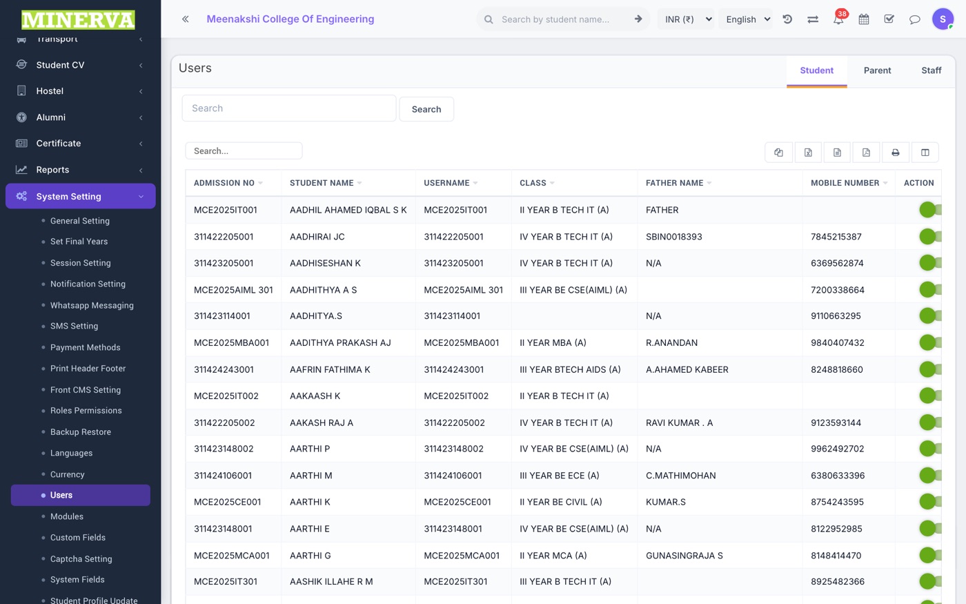 Users screen