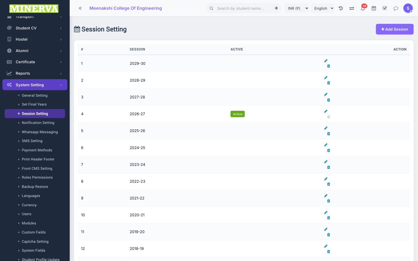 Session Setting screen